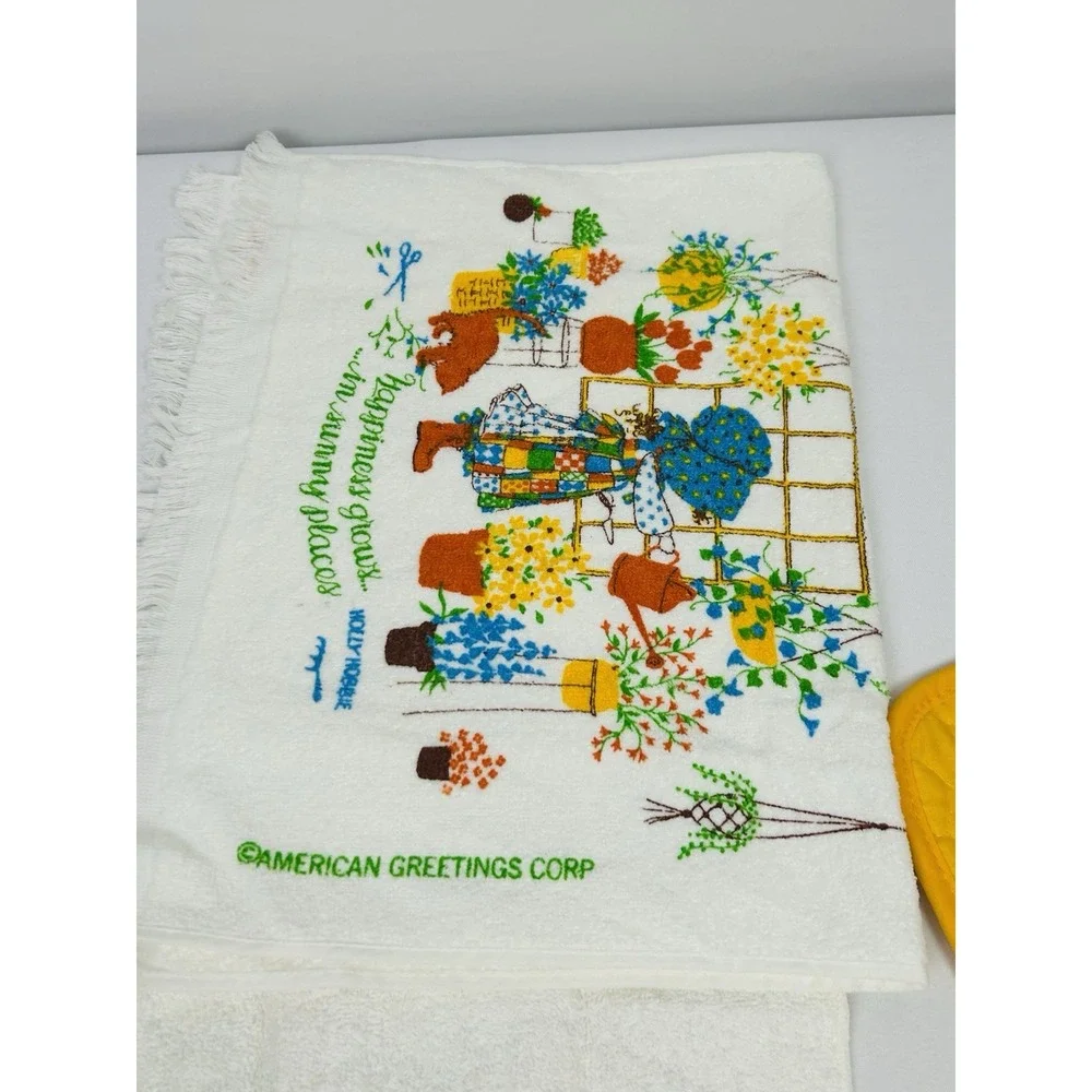 Vintage Holly Hobbie Cannon Dish Towel Wash Cloth Hot Pad Set 4pc Yellow Orange